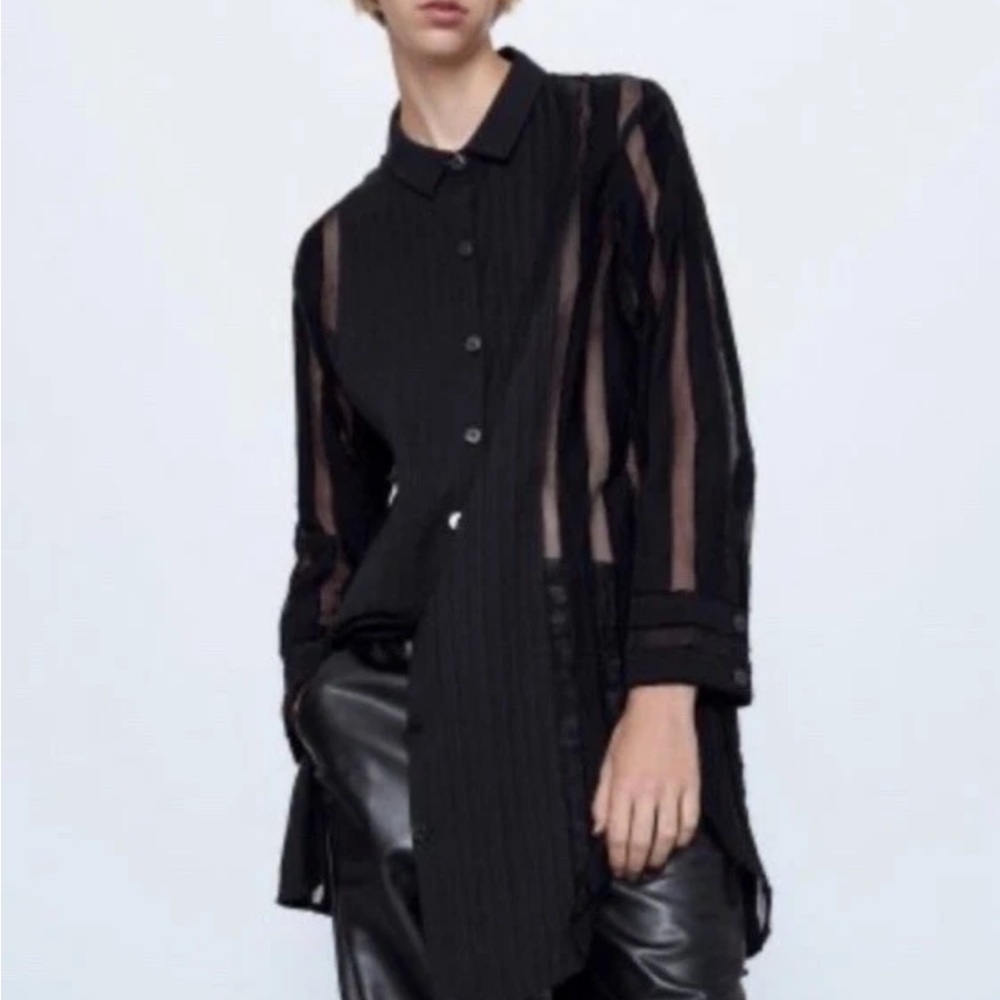Zara Women Semi-Sheer Button-Down Striped Black Blouse Shirt US Size Medium